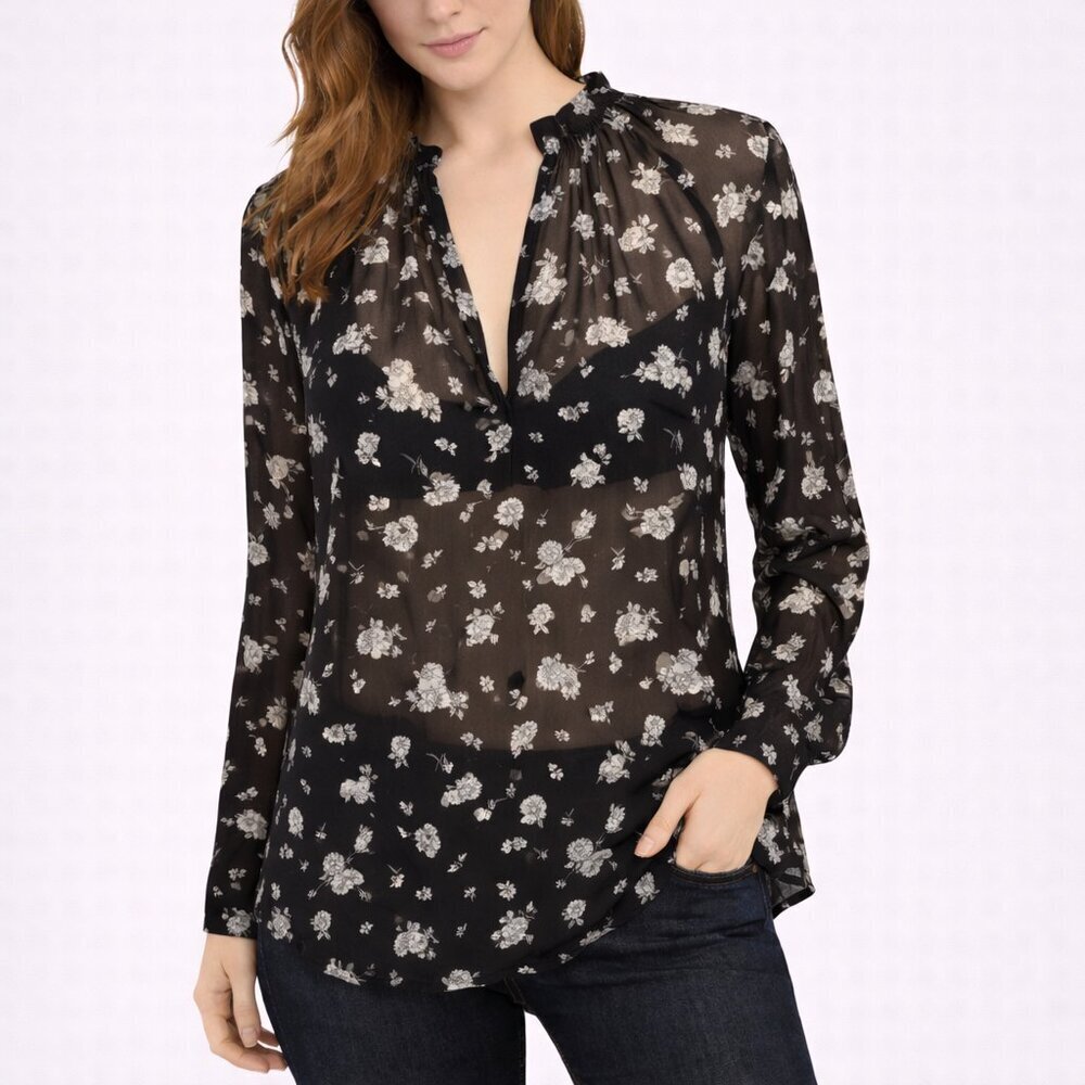 Vince Silk Blouse S Black White Calico Floral Sheer Split Neck